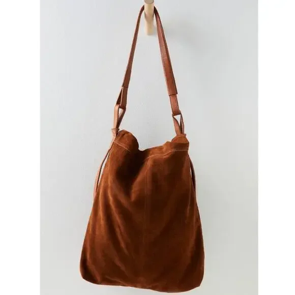 Free People Roswell Boho Slouchy Suede Leather Messenger Bag Tote Cognac Brown - Picture 9 of 16